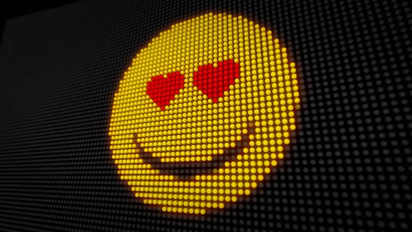 Emoticon love face on big LED display with large pixels. Bright light love expression icon on bulbs display stylized 3D illustration.