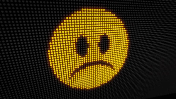 Emoticon sad face on big LED display with large pixels. Bright light sadness expression icon on bulbs stylized display 3D illustration.