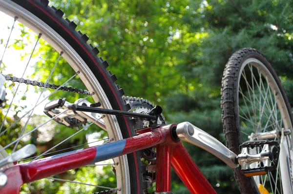 Bicycle upside down and ready for maintenance and repair