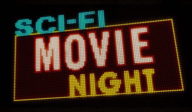 Bilim kurgu film gece retro Intro Işıklı harfler büyük neon ile büyük piksel görüntüler. Parlak ışık metin ampuller ekranda. Eğlence olay afiş 3d çizim reklam.