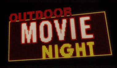 Retro Intro büyük neon ışıklı harfler ile büyük piksel ekran açık film gecesi. Parlak ışık metin ampuller ekranda. Eğlence olay afiş 3d çizim reklam.