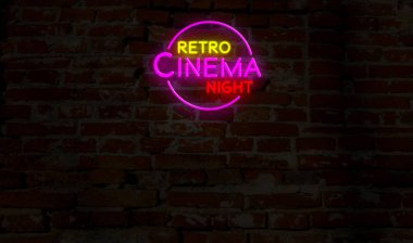 Retro sinema gece neon animasyon Intro. 3D uçuş tuğla duvar arka plan üzerinde elektrik yazı üzerine. Eğlence olay reklam.