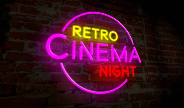 Retro cinema night neon animation intro. 3D flight over electric lettering on brick wall background. Entertainment event advertising.