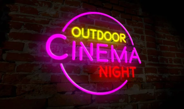 屋外映画館夜ネオン レンガ壁の背景に電球レタリングで フライト エンターテイメント イベント広告 — ストック写真