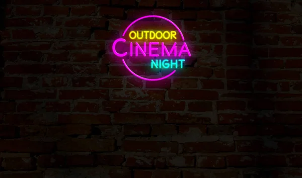 屋外映画館夜ネオン レンガ壁の背景に電球レタリングで フライト エンターテイメント イベント広告 — ストック写真