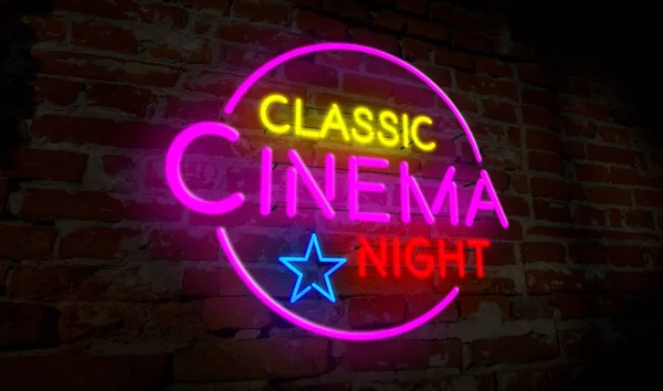 Néon Clássico Noite Cinema Voo Sobre Letras Lâmpada Elétrica Fundo — Fotografia de Stock
