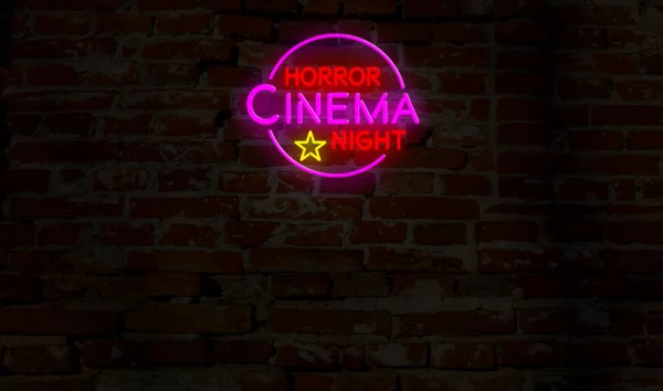 Noite Cinema Terror Néon Voo Sobre Letras Elétricas Fundo Parede — Fotografia de Stock