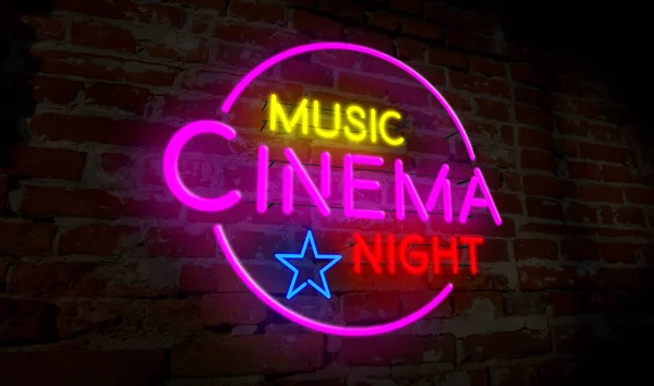 Musica Cinema Notte Neon Volo Iscrizione Lampadina Elettrica Sfondo Muro — Foto Stock