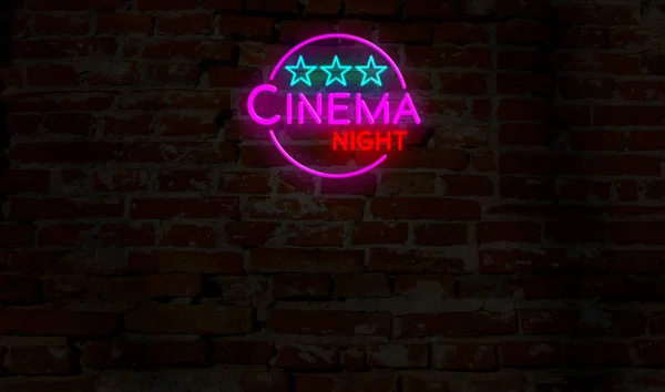 Nuit Cinéma Néon Vol Sur Lettrage Électrique Sur Fond Mur — Photo