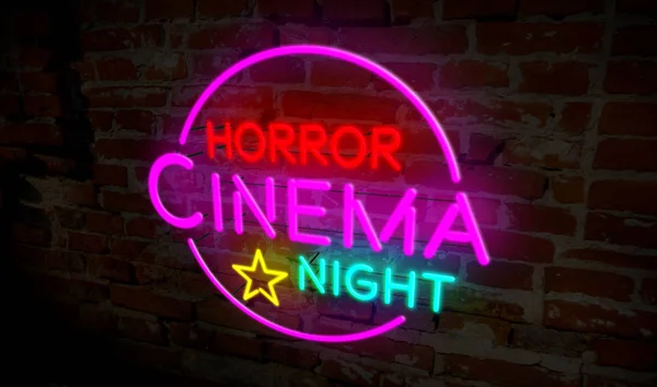 Horror Cinema Notte Neon Volo Sopra Lettering Elettrico Sfondo Muro — Foto Stock