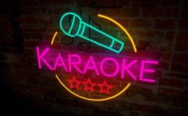 Karaoke club neon lamba tuğla duvar. Retro ışık yazı işaret. Vintage 3d çizim.