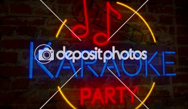 Karaoke partisi neon retro animasyon. Tuğla duvar arka plan üzerinde elektrik yazı üzerinde Soyut 3d uçuş.