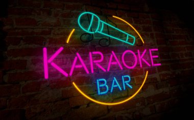 Karaoke bar neon lamba tuğla duvar. Retro ışık yazı işaret. Vintage 3d çizim.