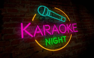 Karaoke gecesi neon lamba tuğla duvar. Retro ışık yazı işaret. Vintage 3d çizim.