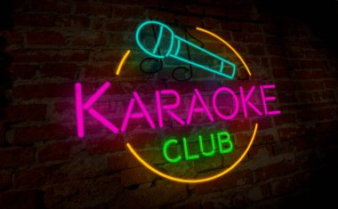 Karaoke club neon lamba tuğla duvar. Retro ışık yazı işaret. Vintage 3d çizim.