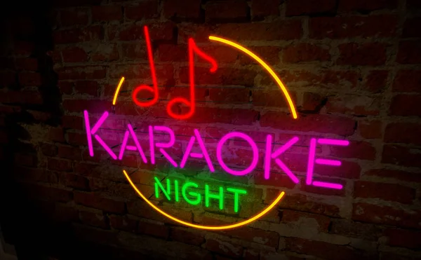 Karaoke Éjszakai Neon Lámpa Tégla Falon Retro Könnyű Betűkkel Jele — Stock Fotó