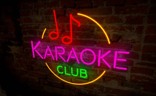 Karaoke Club Neon Lámpa Tégla Falon Retro Könnyű Betűkkel Jele — Stock Fotó