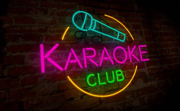 Karaoke Club Neon Lámpa Tégla Falon Retro Könnyű Betűkkel Jele — Stock Fotó