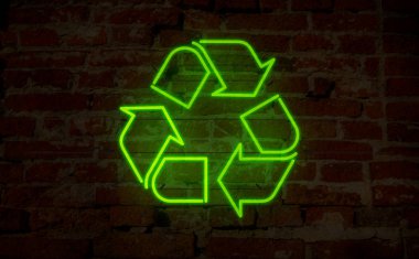 Geri dönüşüm simgesini ışık neon. Elektrik yazı ve duvar arka plan sembolü. Ekoloji ve atık segregasyon 3d çizim.
