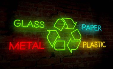 Geri dönüşüm simgesini ışık neon. Elektrik yazı ve duvar arka plan sembolü. Ekoloji ve atık segregasyon 3d çizim.