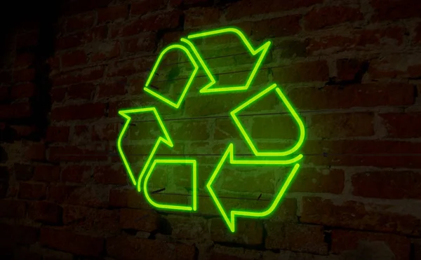 Recycling icon light neon. Electric lettering and symbol on wall background. Ecology and waste segregation 3D illustration.