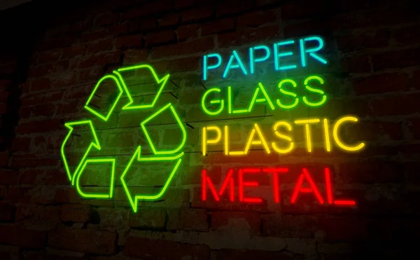 Recycling Icon Light Neon Electric Lettering Symbol Wall Background Ecology — Stock Photo, Image