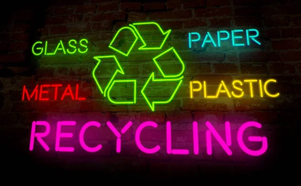 Recycling Icon Light Neon Electric Lettering Symbol Wall Background Ecology — Stock Photo, Image