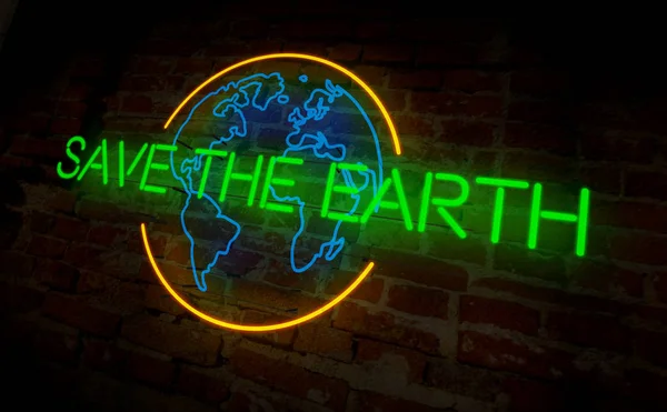 Save the earth light neon. Electric lettering on wall background. Ecology 3D illustration.
