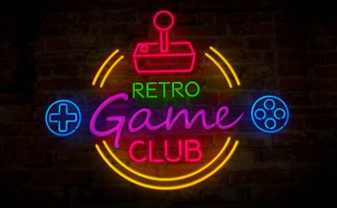 Oyun retro club neon 3d çizim. Elektrik sembol ve yazı duvar arka plan üzerinde. Oyun çubuğu simgesi konsepti ile Vintage oyunu.