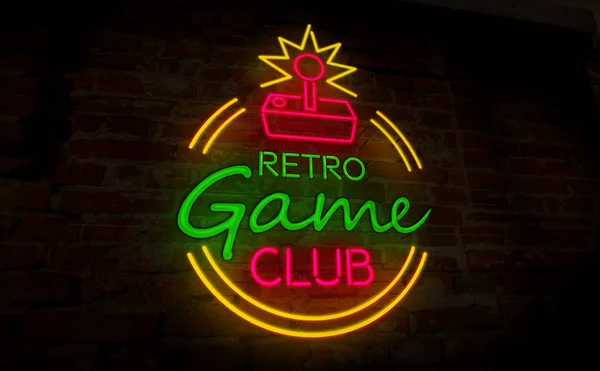 Gaming retro club neon 3D illustration. Electric symbol and lettering on wall background. Vintage game with joystick symbol concept.