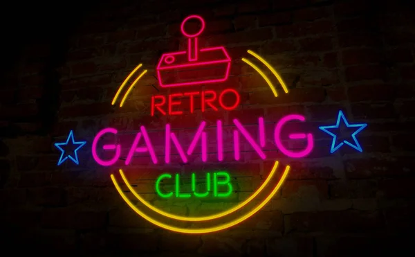 Gaming retro club neon 3D illustration. Symbol and lettering on wall background. Vintage game sign concept.