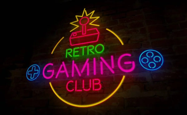 Gaming retro club neon 3D illustration. Symbol and lettering on wall background. Vintage game sign concept.
