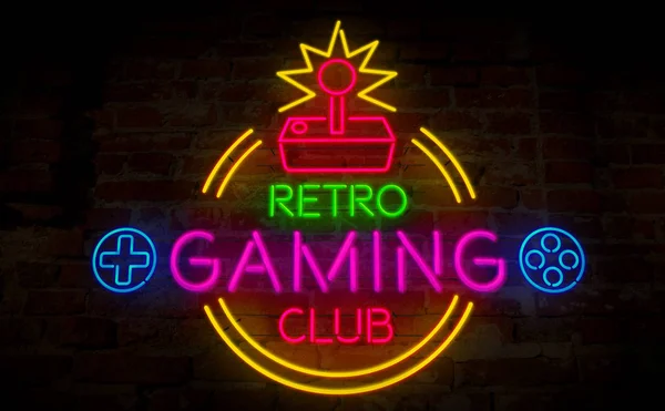 Gaming Retro Club Neon Illustration Symbol Lettering Wall Background Vintage — Stock Photo, Image