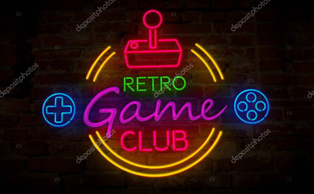 Gaming retro club neon 3D illustration. Electric symbol and lettering on wall background. Vintage game with joystick symbol concept.