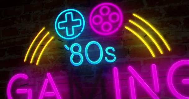 Gaming Rum 80S Retro Neon Animation Flygning Över Elektrisk Symbol — Stockvideo