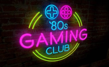 Oda 80 ' lerin retro neon 3d illüstrasyon oyun. Elektrik sembol ve yazı tuğla duvar arka plan üzerinde. Vintage oyun kavramını.