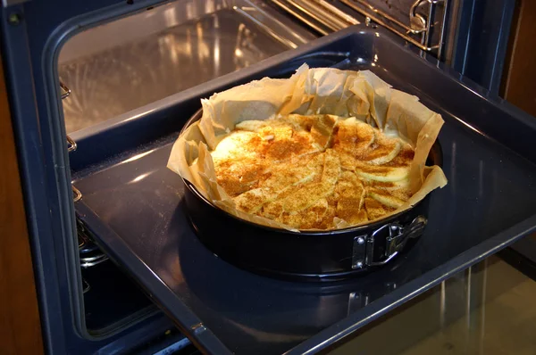 Cake cooking in oven. Baking yeast apple pie with cinnamon.