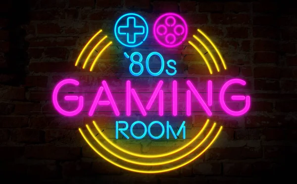 Gaming room \'80s retro neon 3d illustration. Electric symbol and lettering on bricks wall background. Vintage game concept.
