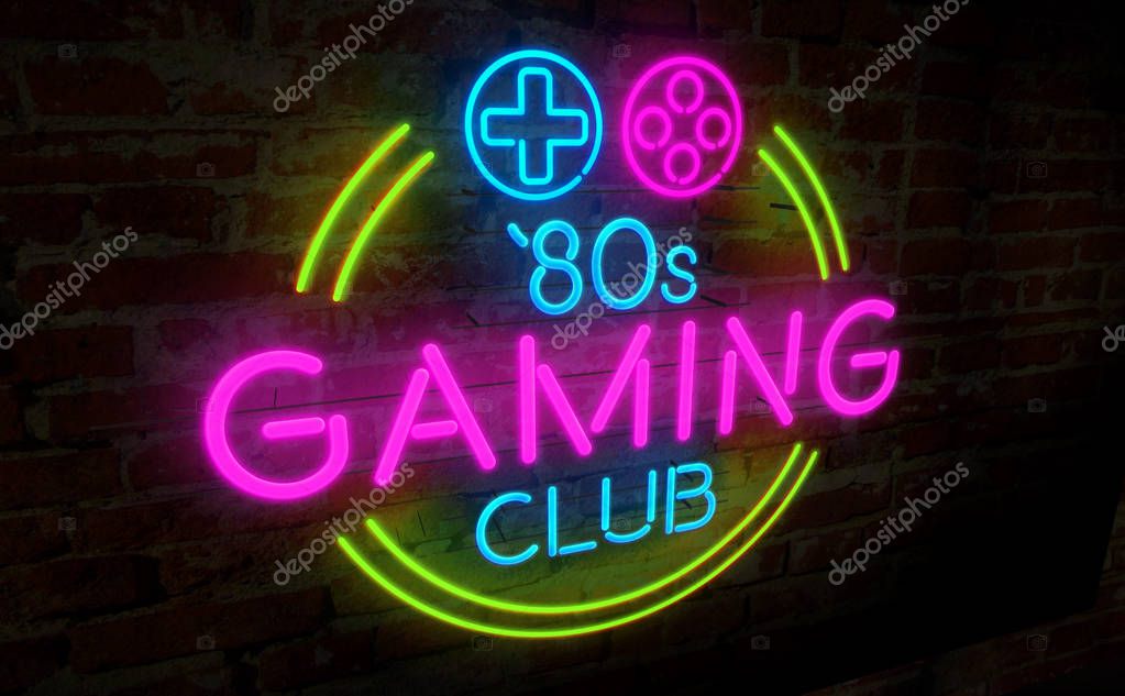Gaming room '80s retro neon 3d illustration. Electric symbol and lettering on bricks wall background. Vintage game concept.