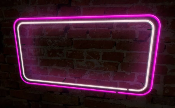 Neon background light frame on brick wall. Electric rectangles and stars on wall concept 3D illustration. Retro style textless background.