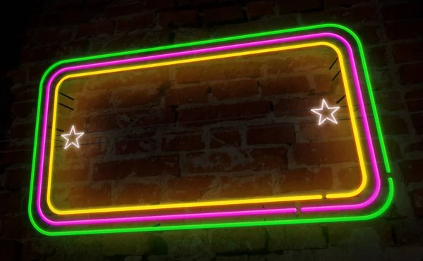 Leuchtrahmen Neon Hintergrund Der Ziegelwand Elektrische Rechtecke Und Sterne Auf — Stockfoto