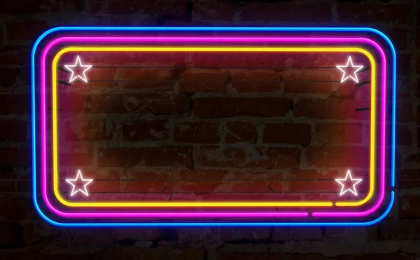 Neon background light frame on brick wall. Electric rectangles and stars on wall concept 3D illustration. Retro style textless background.