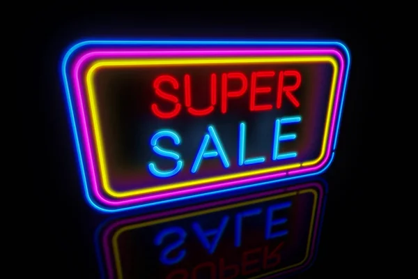 Μεγάλα Σούπερ Πώληση Φως Νέον Διαφημιστικό Banner Για Μαύρη Παρασκευή — Φωτογραφία Αρχείου