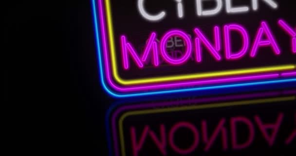 Cyber Monday Neon Promocional Voo Sobre Fames Elétricos Textos Desconto — Vídeo de Stock