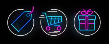 Satış ve indirim sembolleri neon. 3D illüstrasyon parlayan etkisi ile reklam etiket, kartı ve hediye kutusu.