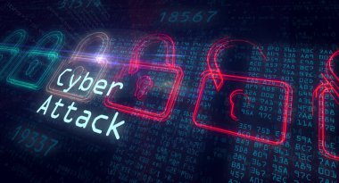 Siber saldırı ve Internet güvenliği. Dijital arka plan üzerinde kırmızı ve yeşil asma kilitler.