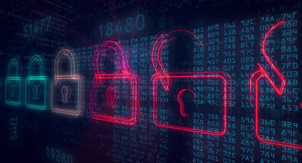 Cyber security and safety in internet. Red and green padlocks on digital background.