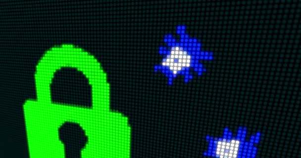ウイルス攻撃 システムの動的なアニメーションです サイバー セキュリティとコンピューター保護のレトロなスタイルのコンセプトです ノイズやグリッチの効果 — ストック動画