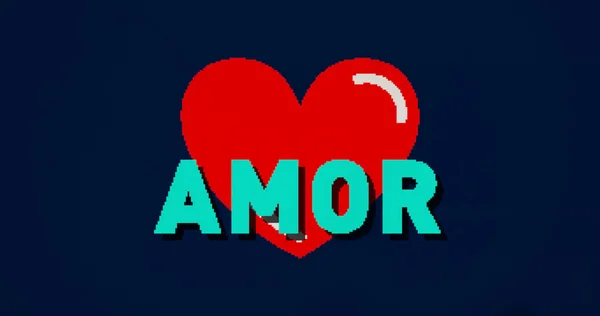 Pixel heart shape with amor (love in spanish) in retro game console stylized illustration. Vintage effect.