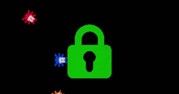 Les vers informatiques attaquent le système réseau dans l'animation de style de jeu rétro. Concept de cyberattaque avec infection virale du symbole du cadenas .